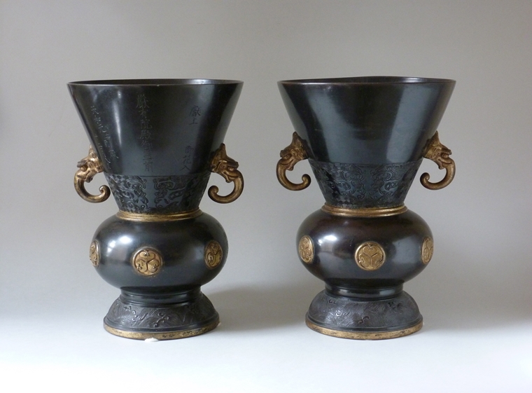 Japan, Edo period, 1681, Pair of Bronze Presentation Temple Vases